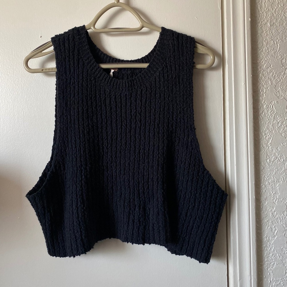 Free People Womens Black Ribbed Knit Cropped Sweater Vest Sleeveless Top Size M